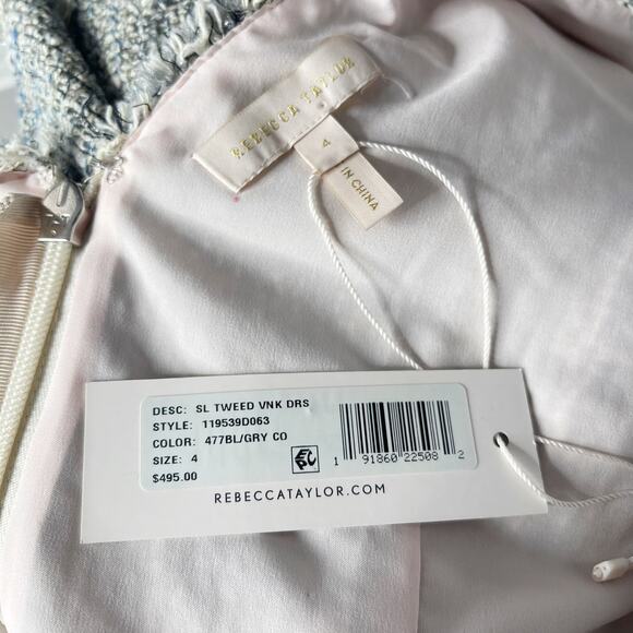 New Rebecca Taylor 4 Blue Gray Sleeveless Tweed V Neck Dress Ruffled Hem Cotton - Picture 9 of 14